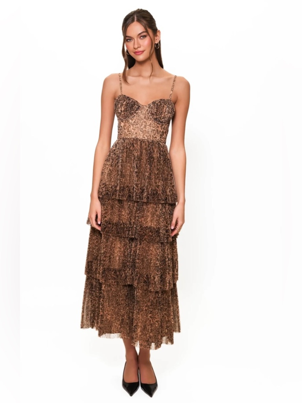 Hutch Zaria Tiered Tulle Animal-Print Midi Dress